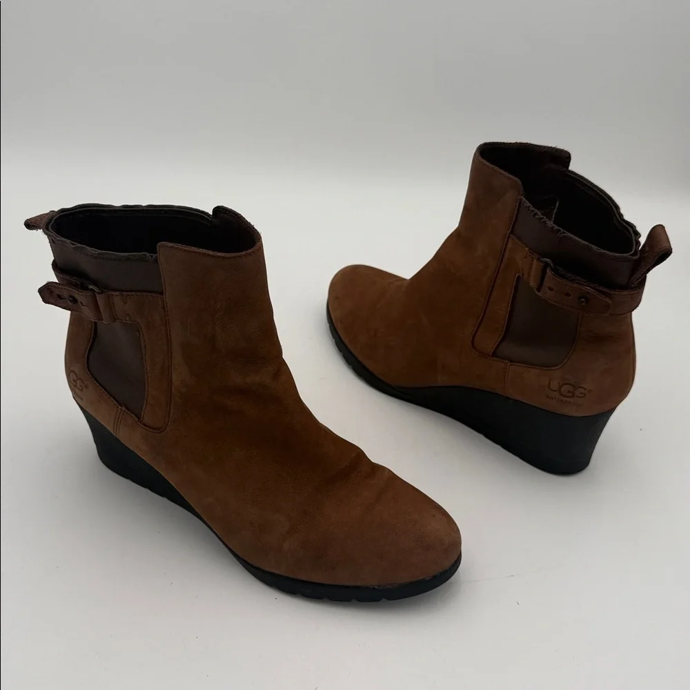 Ugg Brown Suede Ankle Boots wedge women 10 pull on winter casual office Y2K